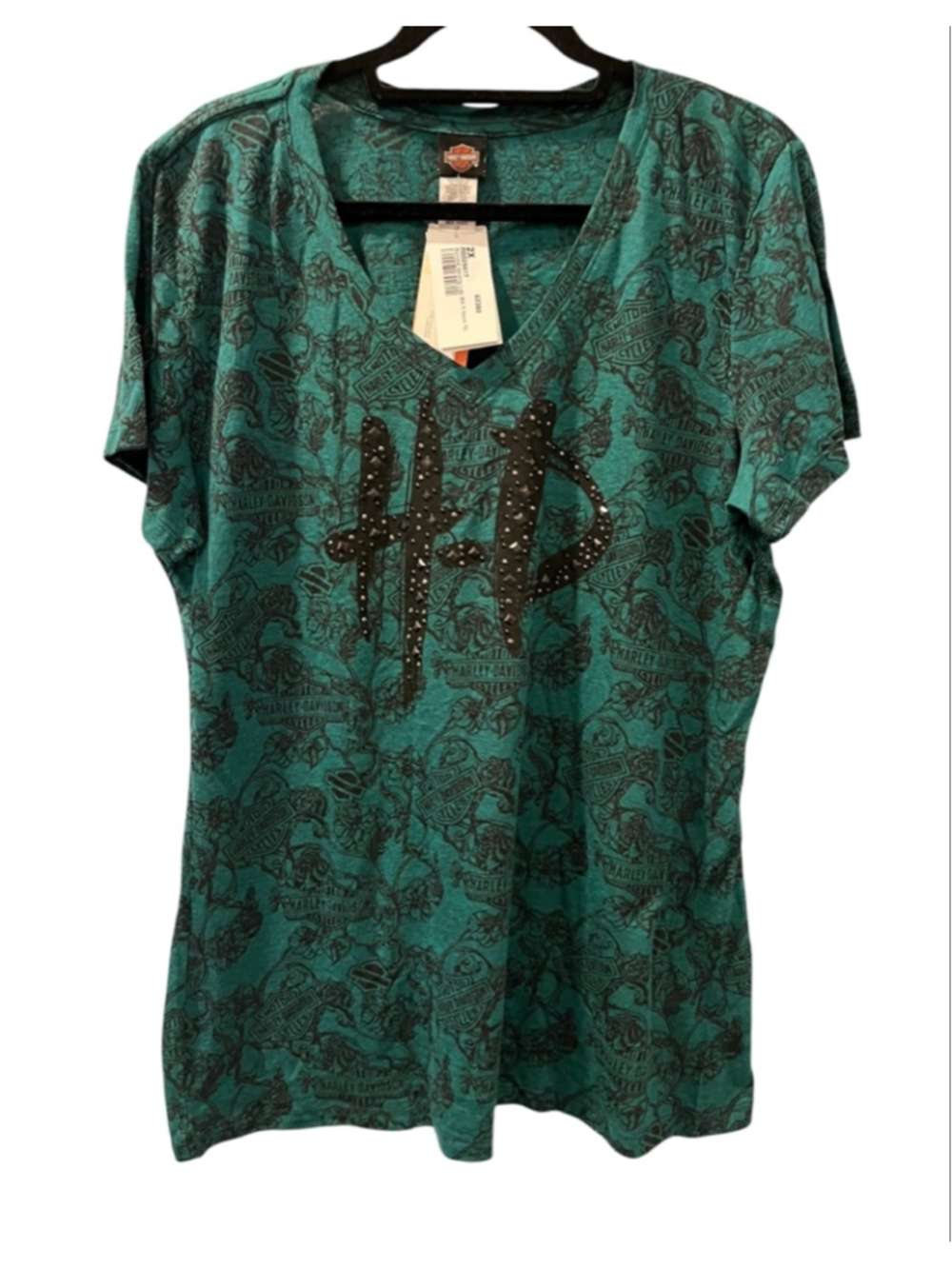 NWT Harley Davidson Skull Women 2X Burned Identity Studded V-Neck Tee Teal Green